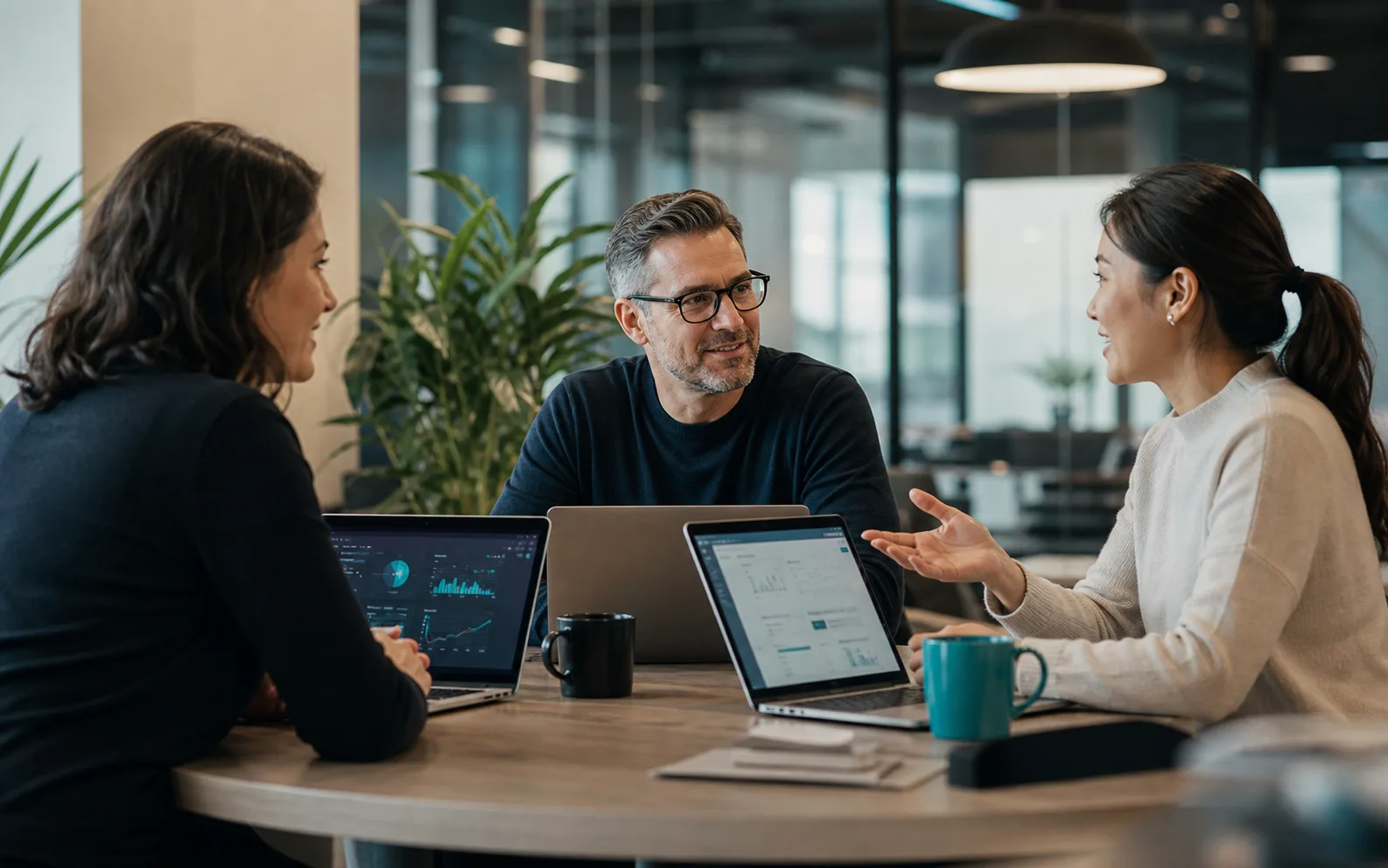 People discussing marketplace strategy in a modern office