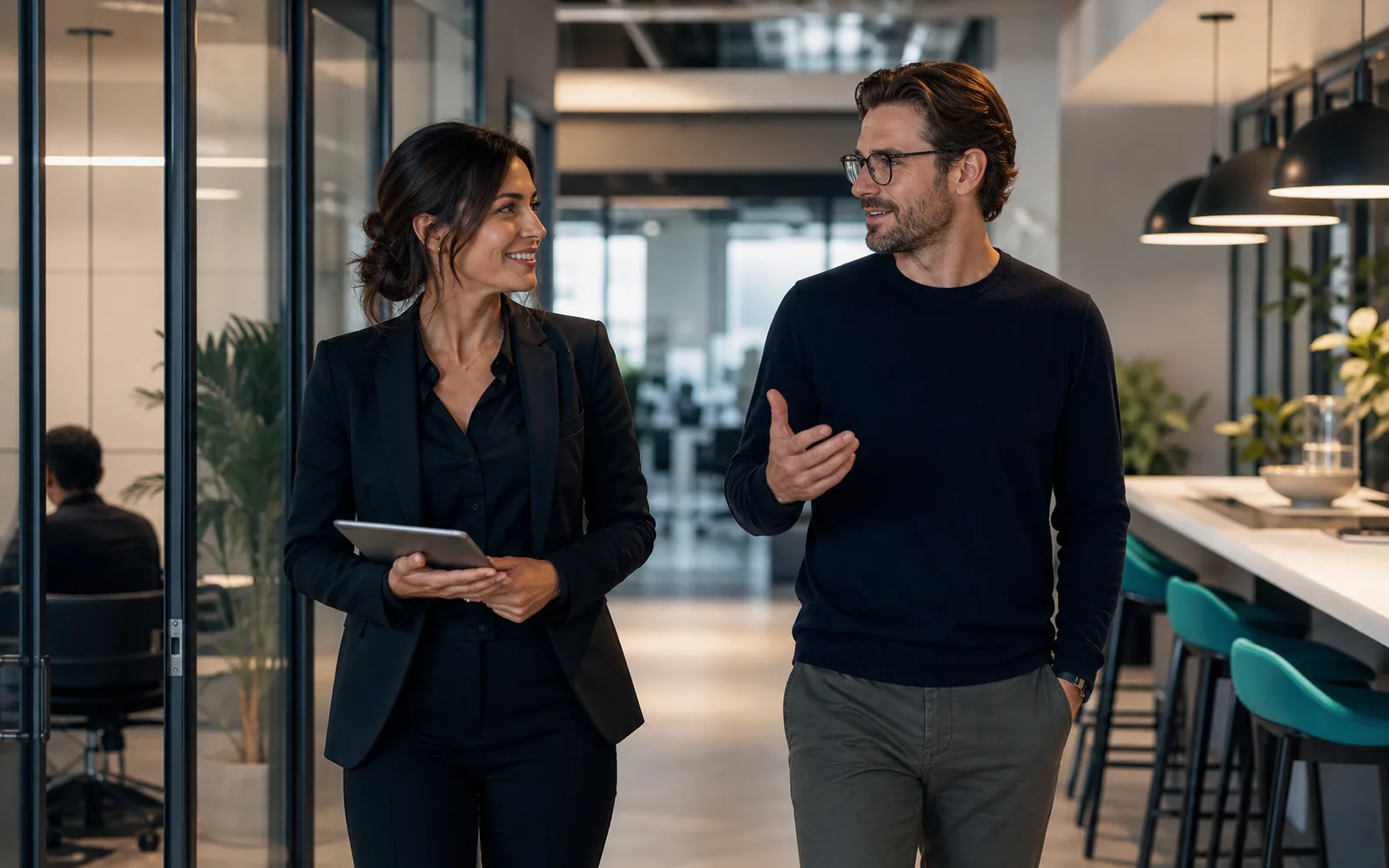 Professionals walking through a modern office